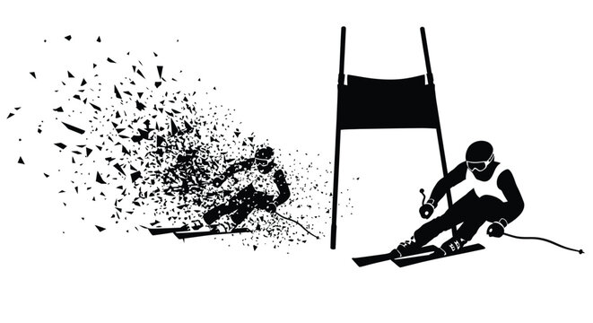 Dynamic black and white graphic illustrating downhill ski racer passing a gate with dispersal effect
