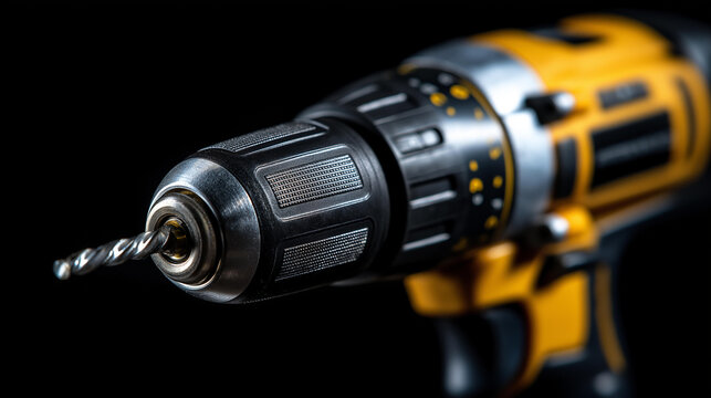 Close-up power drill focusing on drill bit, dark background, tool detail photography, industrial equipment macro view, with copy space