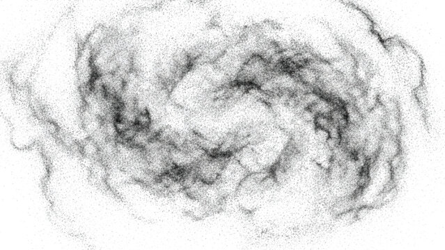 Swirling vortex of dark smoke and ink particles forming circular movement on clean white background representing chaos or cosmic nebula for creative design concepts and abstract art themes