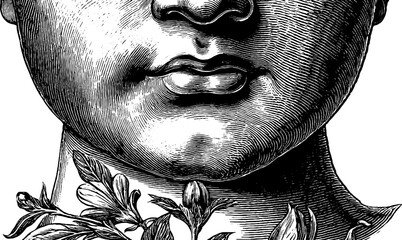 Naklejka premium Vintage botanical engraving of classical bust with focus on nose and lips for artistic design