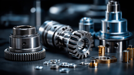 Fototapeta premium Industrial components showing various metal parts on dark background, mechanical elements collection, engineering pieces display, with copy space