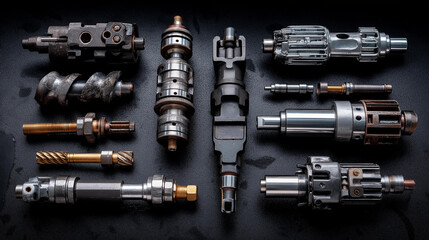 Naklejka premium Industrial components showing various metal parts on dark background, mechanical elements collection, engineering pieces display, with copy space