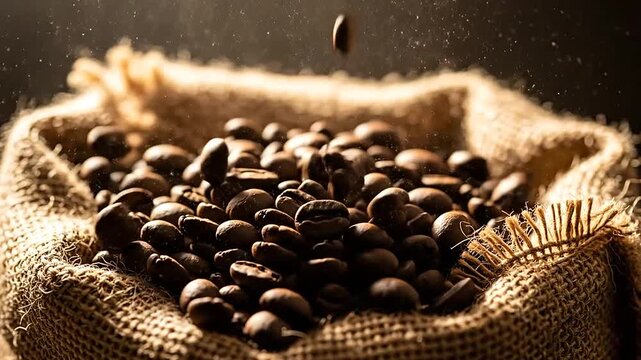 Close-up of freshly roasted coffee beans spilling from a rustic burlap sack with one bean falling, on a dark background, evoking rich aroma.