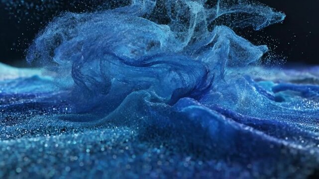 Abstract swirling blue particulate matter, resembling a wave, against a dark background