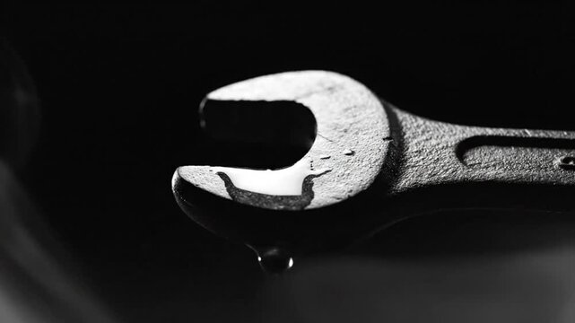 Close up monochrome shot of a metal wrench with water droplets, highlighting tools and textures against a dark background