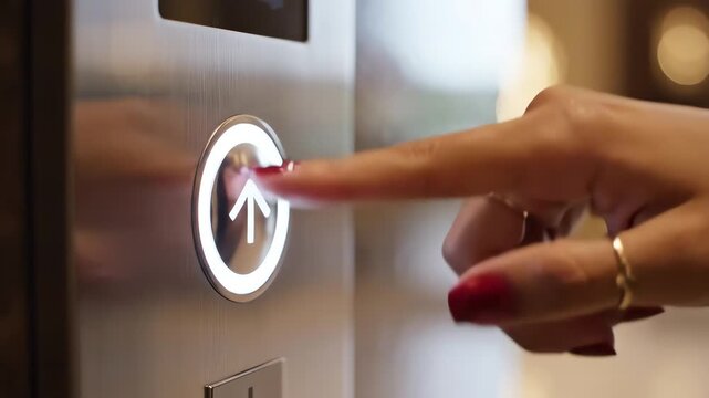 A close-up shot highlights a female hand with red nail polish pressing the brightly illuminated up arrow button on a sleek, metallic elevator panel in a modern lobby.