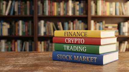 Finance education concept with stacked books on stock market, crypto trading and investment learning, financial knowledge, business growth and money management background.