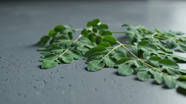 A vibrant green sprig of fresh moringa oleifera leaves is displayed horizontally in a close-up studio shot, emphasizing its healthy medicinal properties on a dark gray textured background.