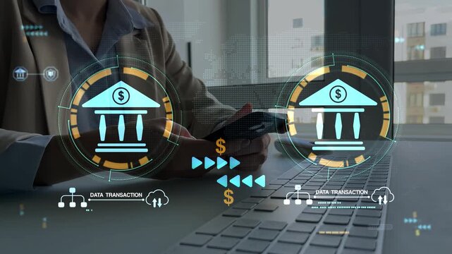 Banks financial transfer money. Bank transfer concept, showing currency connected global financial transactions.Online banking operations and interbank digital payment.	
