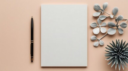 Minimalist flat lay of blank paper and pen with decorative plants