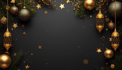 Elegant gold and black Christmas background with festive ornaments