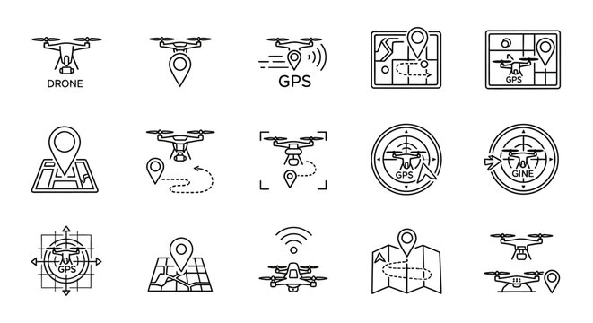 A collection of line art icons depicting drones, GPS navigation, mapping, and flight routes, illustrating modern aerial technology and location tracking.
