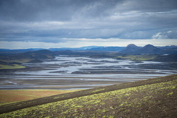 Obraz premium Beautiful volcanic and glacier landscape with thick stormy clouds hanging above, Highlands, Iceland