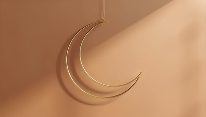 Minimalist Golden Crescent Moon Hanging on Beige Wall Background