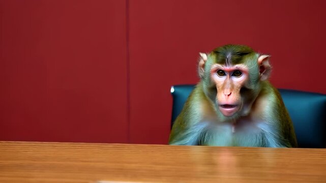 Monkey Sitting at Conference Table in Office Setting