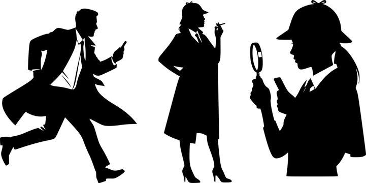 Detective silhouette vector set with man running, woman smoking, person using phone, female investigator with magnifying glass, mystery crime illustration design