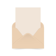 A beige envelope with an empty greeting card or letter. An envelope template with a piece of paper. 