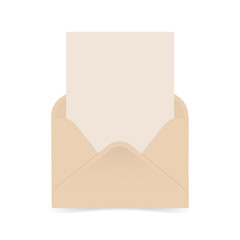 A beige envelope with an empty greeting card or letter. An envelope template with a piece of paper. Vector illustration