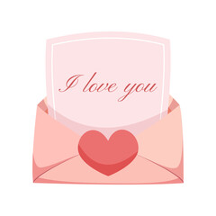 An open envelope with a red heart-shaped seal and paper with the words "I love you" inside, highlighted on a white background. A love letter, a wedding invitation, a message. Flat vector illustration