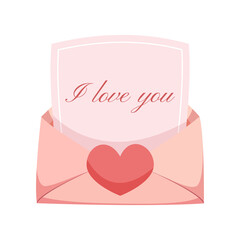 An open envelope with a red heart-shaped seal and paper with the words "I love you" inside, highlighted on a white background. A love letter, a wedding invitation, a message. Flat illustration