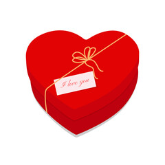 A heart-shaped gift box with a bow. The package is in the form of a red heart with a decorative ribbon and a note "I love you". 
