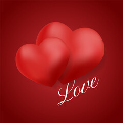 Romantic background with two 3D red hearts and the word "Love". Vector illustration