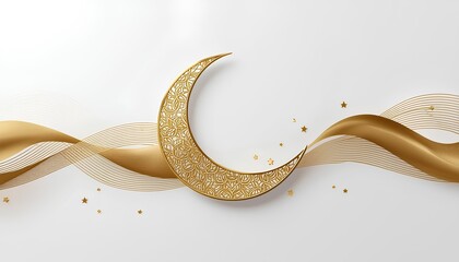 Golden ornate crescent moon, abstract wave background design