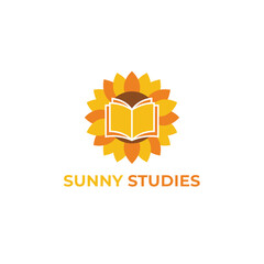 Fototapeta premium Minimalist sunflower icon with an open book for educational branding or library identity titled Sunny Studies