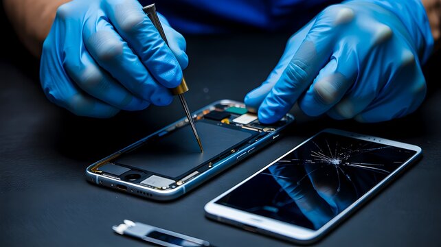 Smartphone repair technician fixing electronic device in workshop
