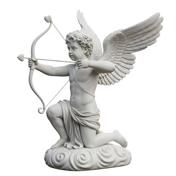 Elegant white cupid statue kneeling on sculpted clouds, angel of love aiming bow and arrow, isolated on white or transparent background. PNG format.