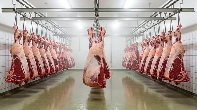 Rows of fresh beef carcasses hanging in a clean, refrigerated meat locker in a processing plant, ready for further distribution.