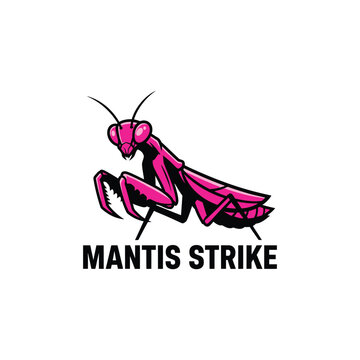 Powerful pink praying mantis mascot icon for esports or martial arts branding featuring a sharp insect illustration titled Mantis Strike