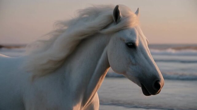 Cinematic tracking shot of white Arabian horse galloping on beach at sunrise with water splash