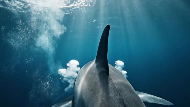 Dolphin swimming underwater POV shot from dorsal fin with bubbles and sun rays