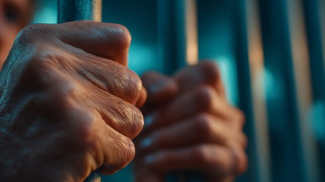 A person is holding a bar of a jail cell. The person's hands are sweaty and the bars are cold