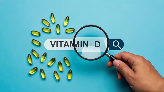 Vitamin d search concept with magnifying glass and capsules
