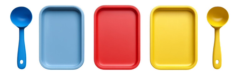 Obraz premium Colorful Cooking Tools and Trays for Kitchen Production and Hygiene Station Setup
