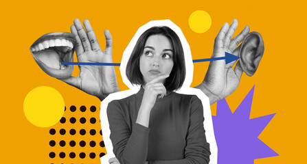 A collage shows a woman deep in thought surrounded by hands. One hand has an open mouth and the other has an ear. The background is bright with shapes and patterns related to communication. © Prostock-studio