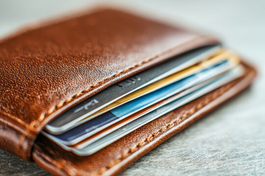 Brown leather wallet stuffed with several credit cards and identification cards showcasing everyday financial essentials and personal organization skills on a soft b