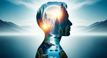 Exploring the expansive inner landscape of human consciousness, where serene nature scenes like mountains, forests, and rivers reflect peace and profound thought