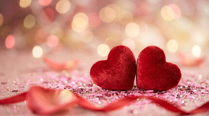 Obraz premium Two plush red hearts on glittery pink surface with bokeh background creating romantic atmosphere for valentines day celebration