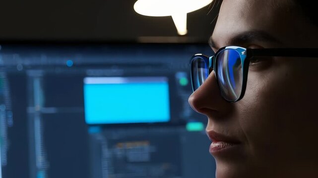 Woman Focused on Computer Screen in Dark Room