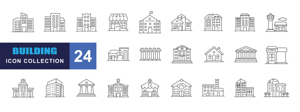 collection of  building icons, editable stroke.