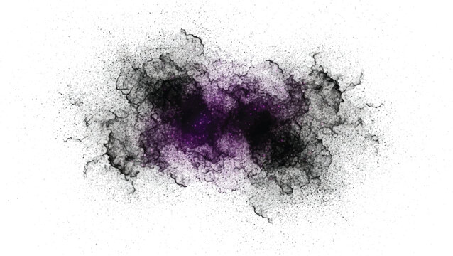 Abstract burst of dark purple and black powder particles exploding outwards on white background, dynamic energy motion, scattered dust cloud effect, atmospheric cloudscape, cosmic nebula visualization