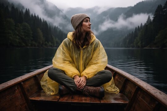 Woman in yellow rain poncho sitting in wooden boat on misty mountain lake, calm autumn wilderness travel mood.
