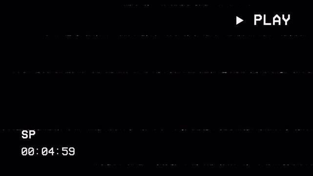 4K alpha channel VHS play overlay with retro on-screen display, timecode, and analog noise. Ideal for vintage playback effects, UI overlays, and glitch transitions.