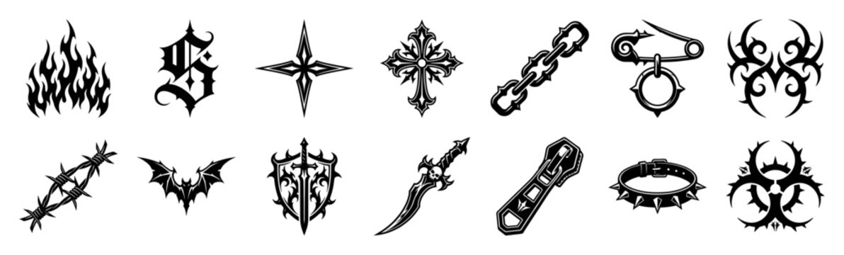 Gothic Cyberpunk Y2K Tribal Ornaments Graphic Asset Sheet for Alternative Streetwear and Tattoo Design