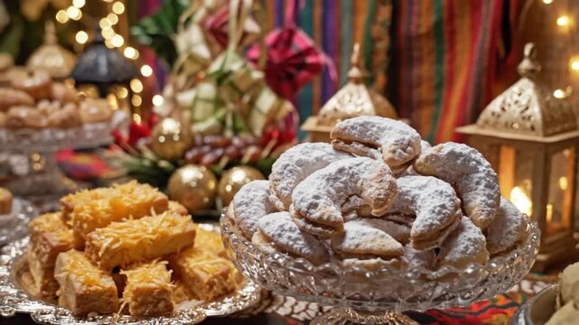 A festive display features crescentshaped cookies dusted with powdered sugar in a crystal dish and rectangular pastries with shredded cheese on a silver platter