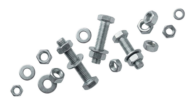 Dynamic composition of industrial silver metallic bolts, nuts, and washers, ideal for construction, engineering, and hardware projects, isolated on transparent background.