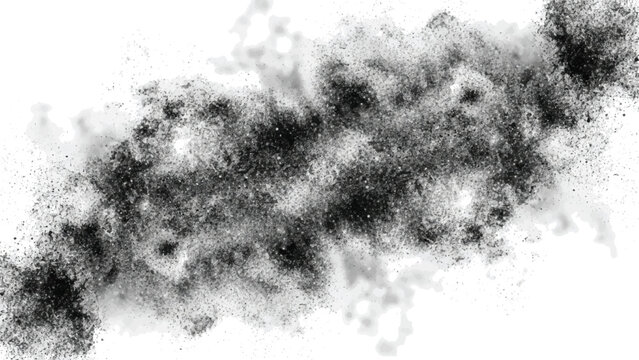 Swirling black dust cloud explosion on white background, dynamic chaotic particles, abstract energy burst, scattered dark matter effect, textured atmospheric cloudscape, macro photography detail, grun
